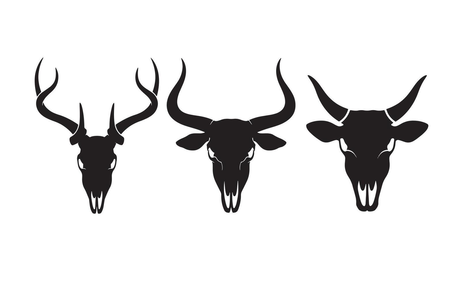Three silhouetted animal skulls with distinct horns on white background vector