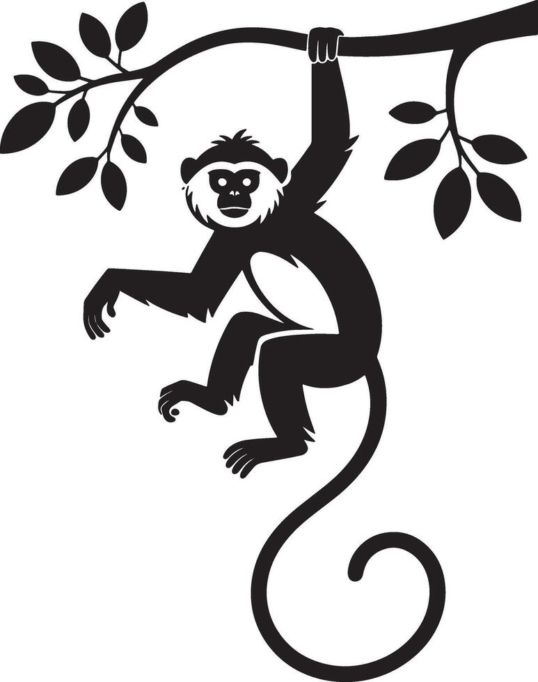 Stylized black silhouette of a monkey hanging from a branch vector