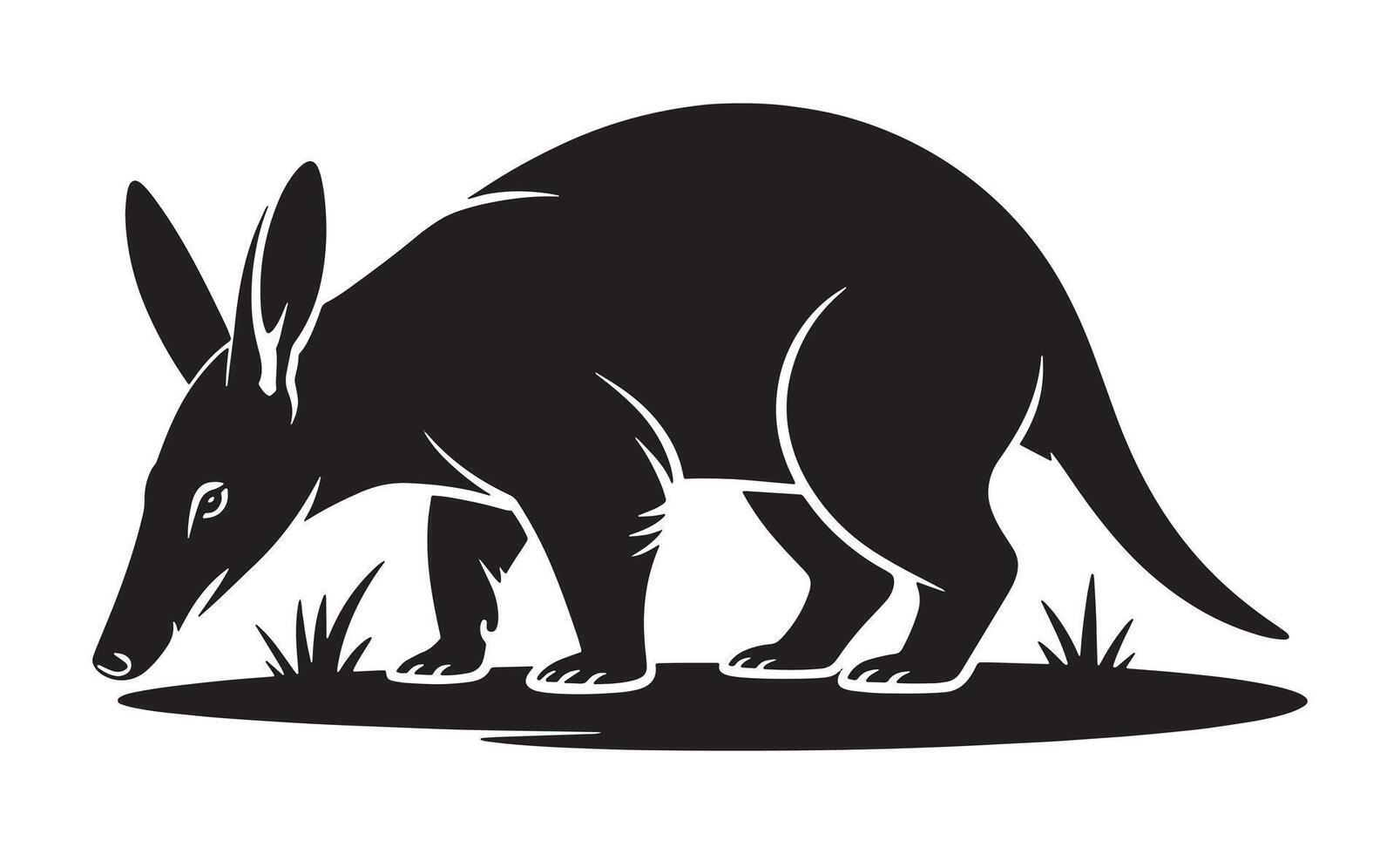 Stylized black silhouette of an aardvark foraging in grass vector