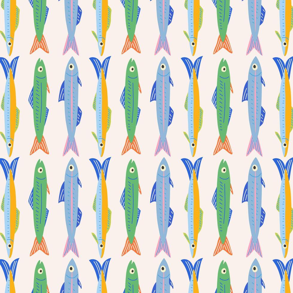 Pattern of different of colorful sardines. Fish products in a bright doodle style. Perfect for packaging, prints, textiles, menu, backgrounds, cards, and summer illustrations. vector