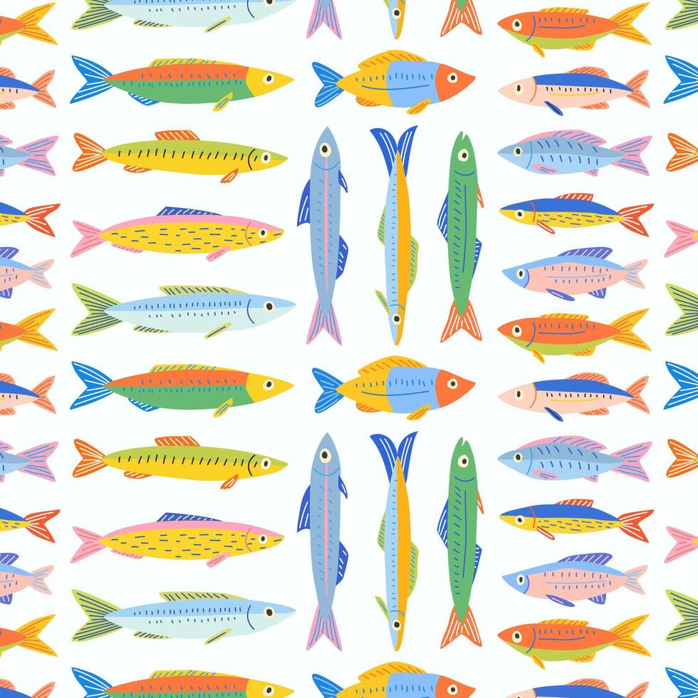 Pattern of different of colorful sardines and fishes. Fish products in a bright doodle style. Perfect for packaging, prints, textiles, menu, backgrounds, cards, and summer illustrations. vector