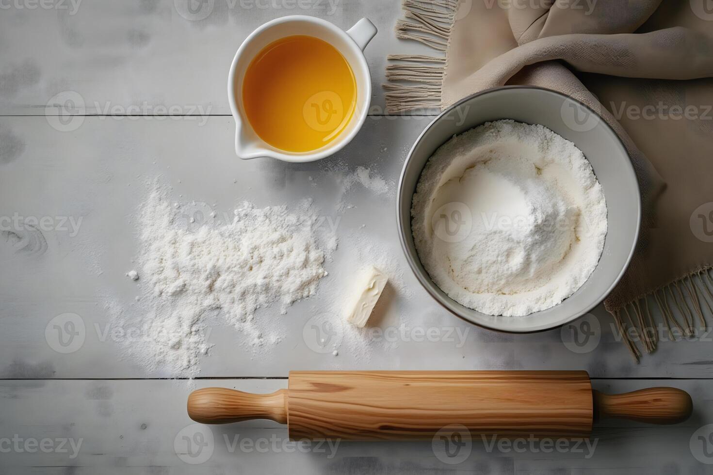 Ingredients for homemade bread on a wooden table photo