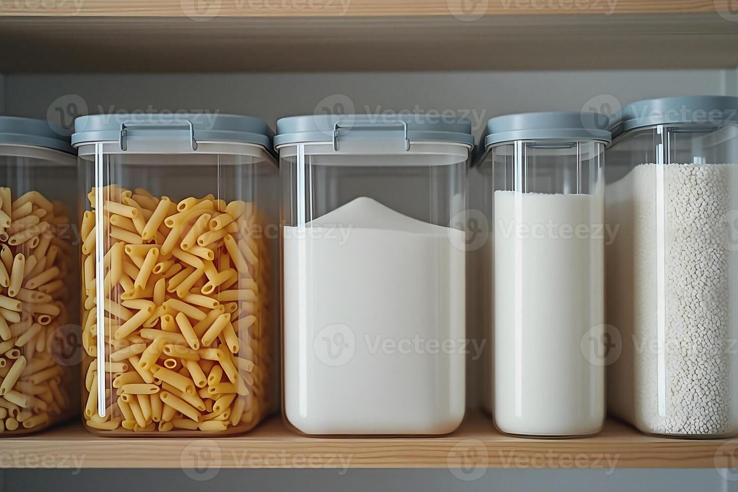 A shelf with several containers of pasta and milk photo