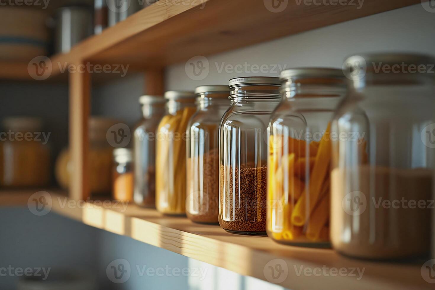 A shelf with jars of spices and other items photo
