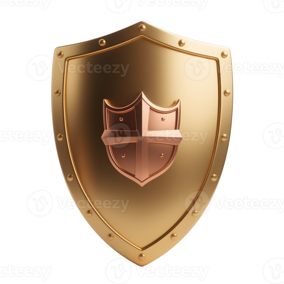 A golden shield with a copper emblem isolated on transparent background png