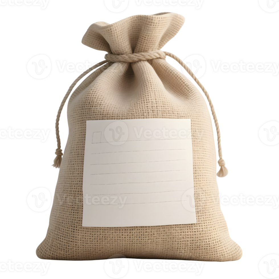 Burlap sack with blank label isolated on transparent background png