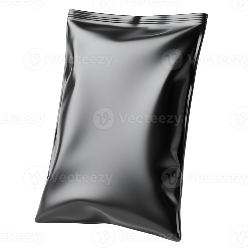 A black shiny pouch is isolated on transparent background png