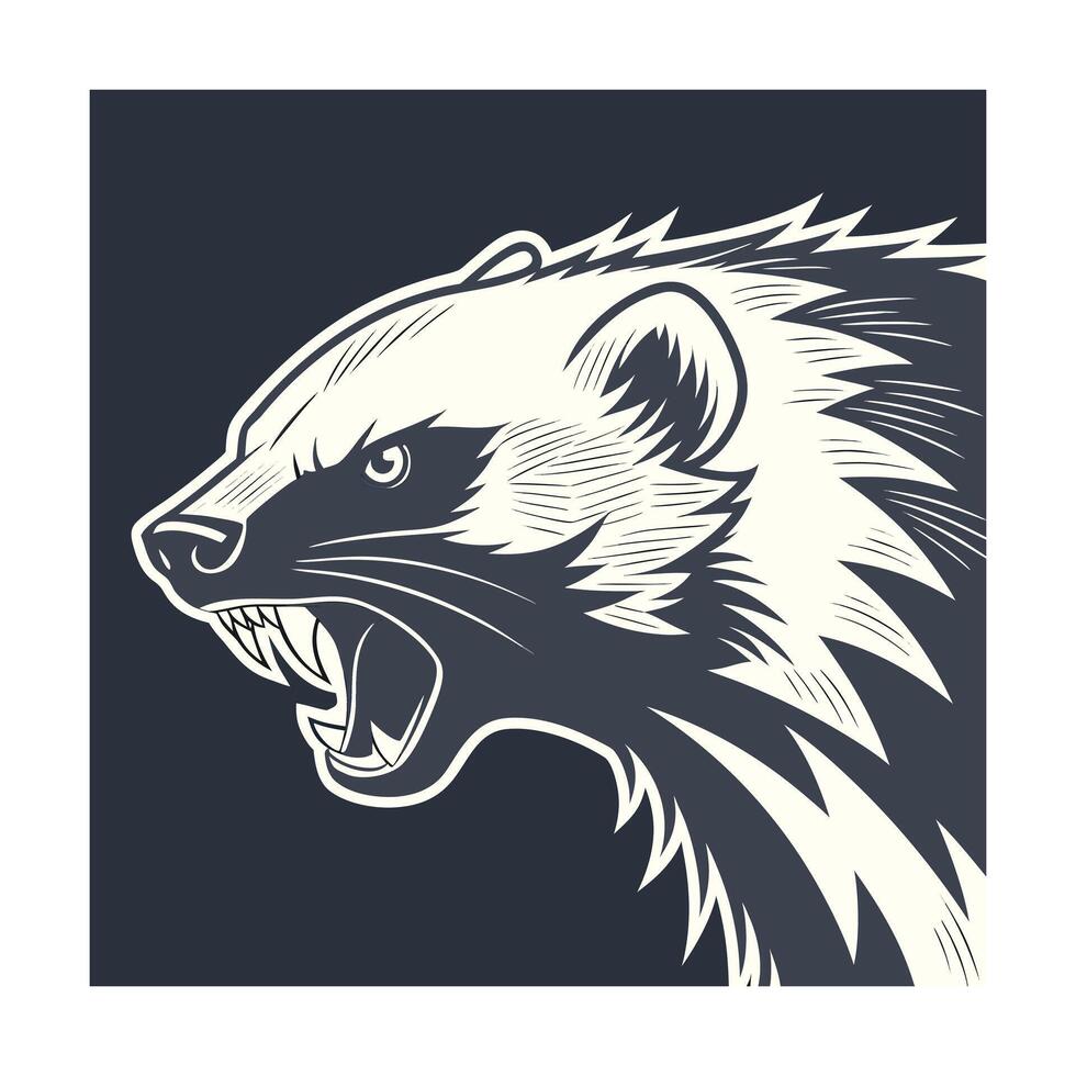 Badger Head in Profile with Open Mouth Sharp Teeth on Dark Blue animal wildlife vector