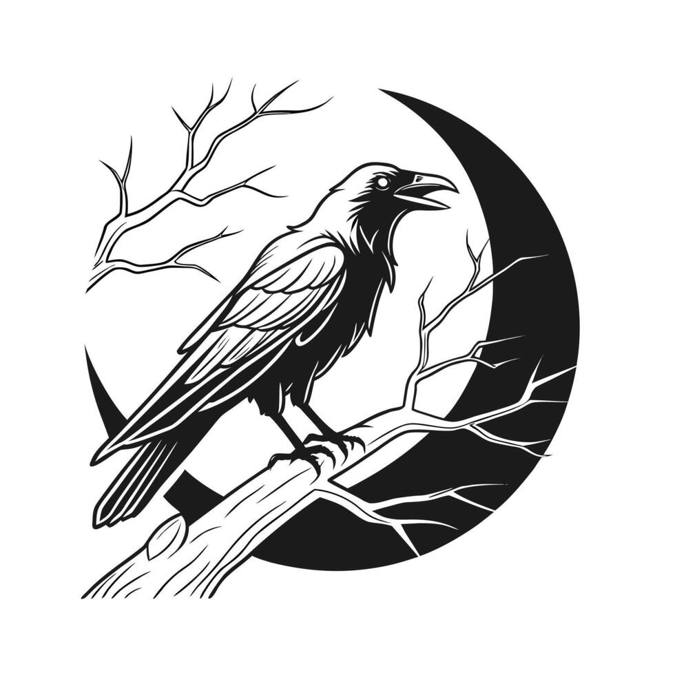 Raven perched on a branch with a crescent moon bare tree branches bird crow vector
