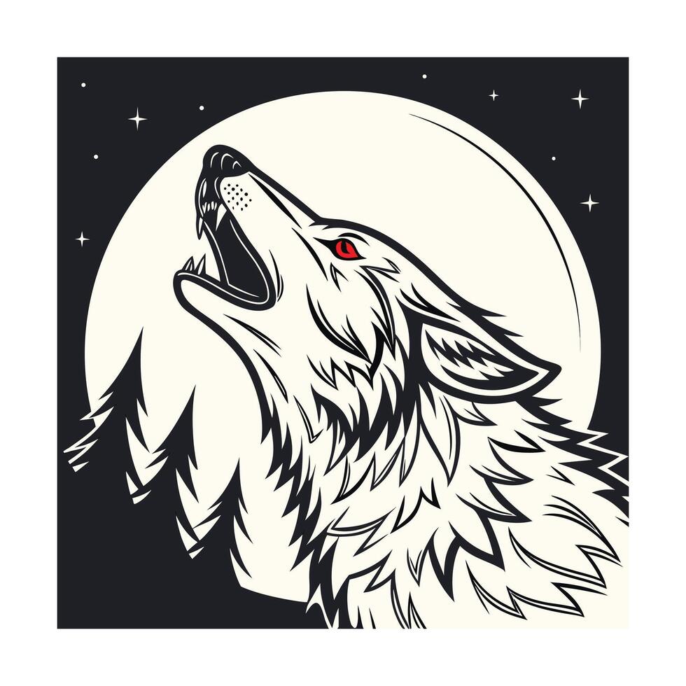Wolf howling at the moon with stars trees in a animal night vector