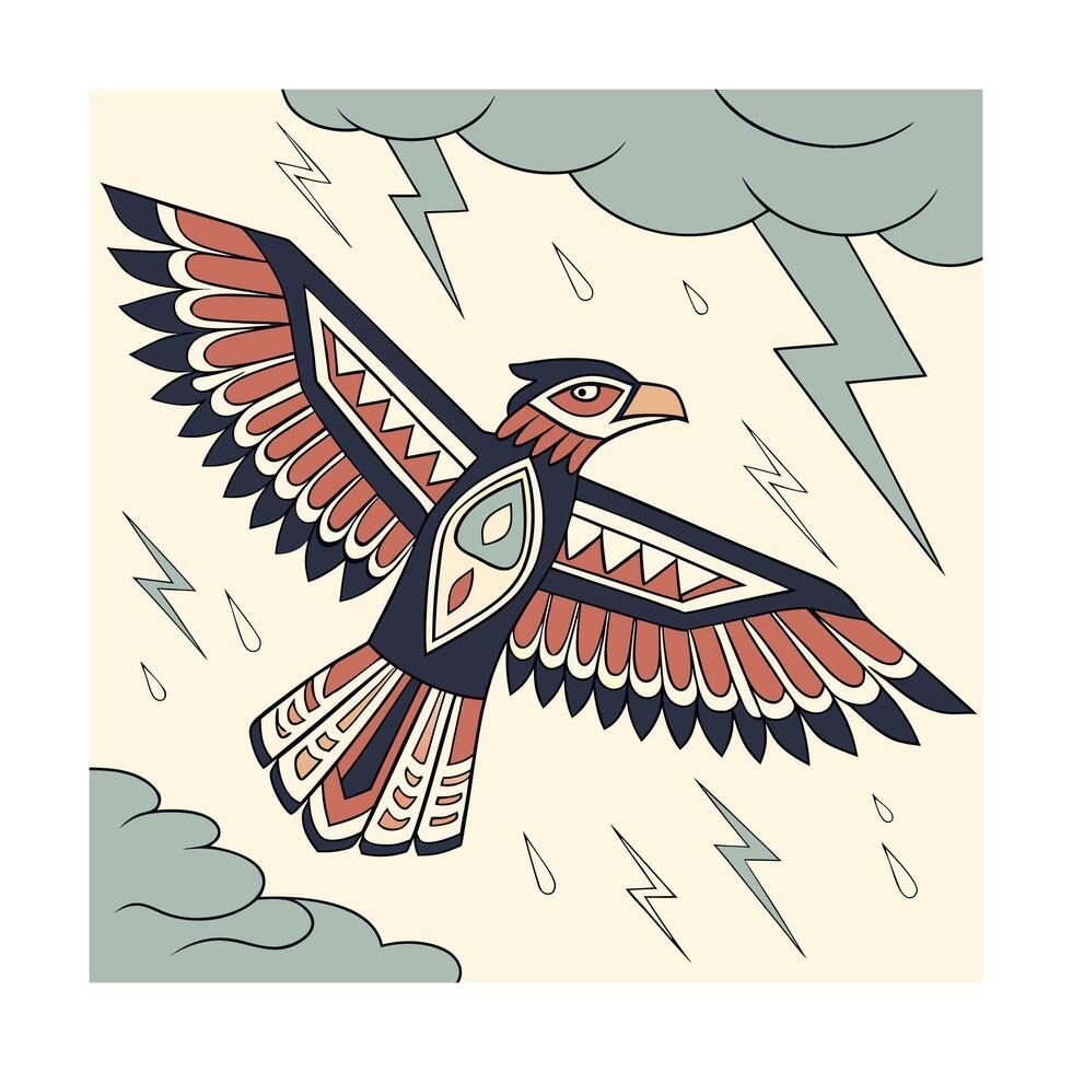 Stylized Eagle Flying Amidst Stormy Weather with Lightning Rain bird animal vector