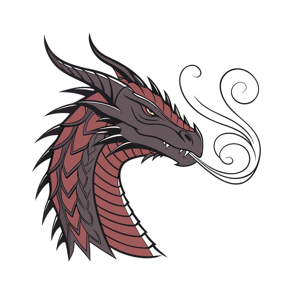 Dragon head with red gray scales exhaling smoke on a animal fantasy vector