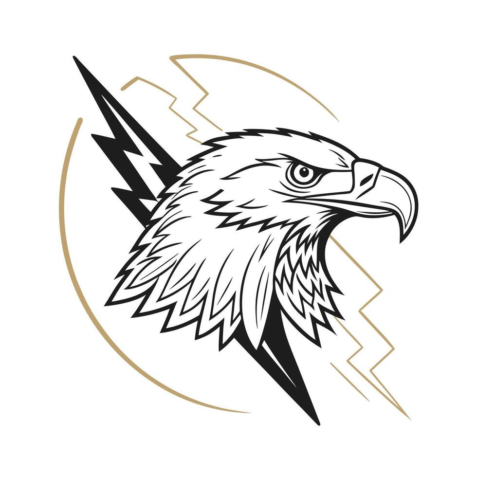 Eagle head graphic with lightning bolt gold circular shapes on bird animal vector