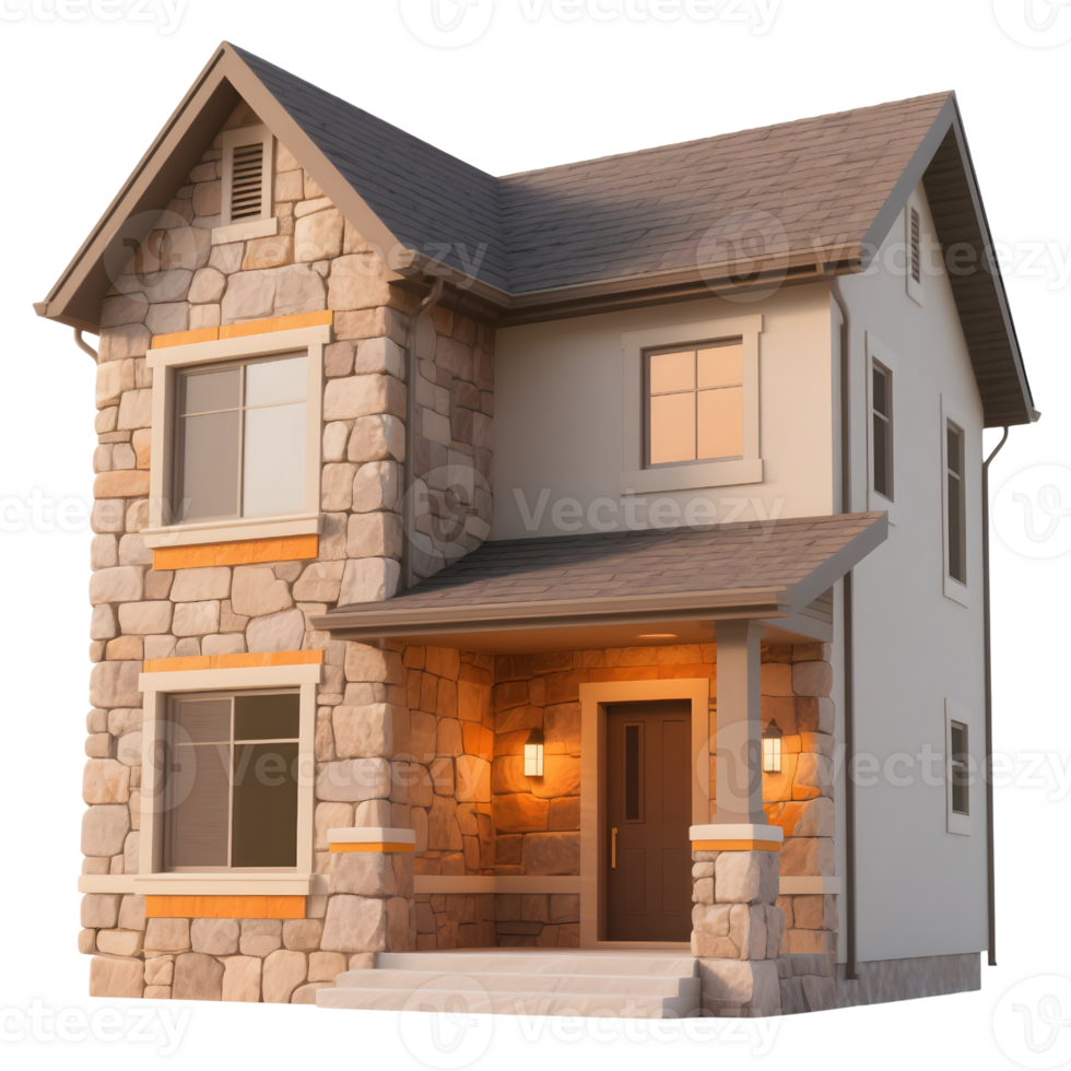 A stone house with a gray roof isolated on transparent background png