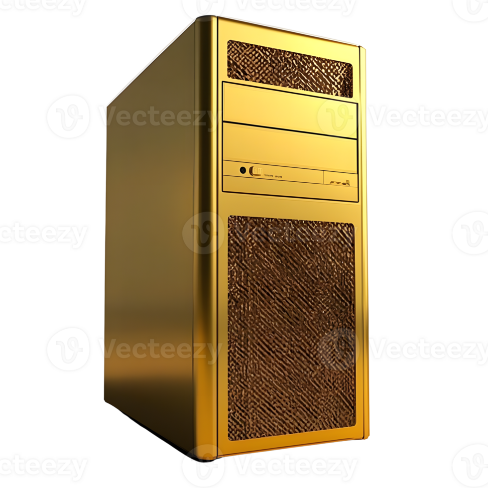 A golden computer tower isolated on transparent background png