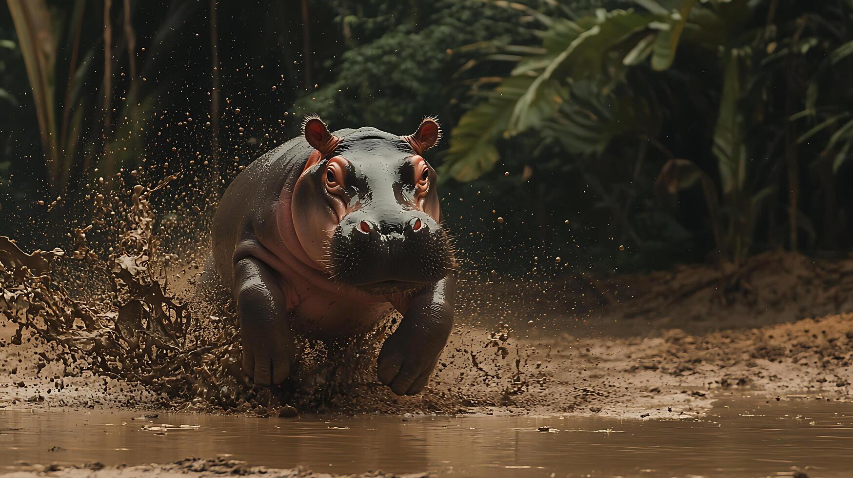 Aggressive Hippo Charging Out of Muddy Water with Splashes. photo