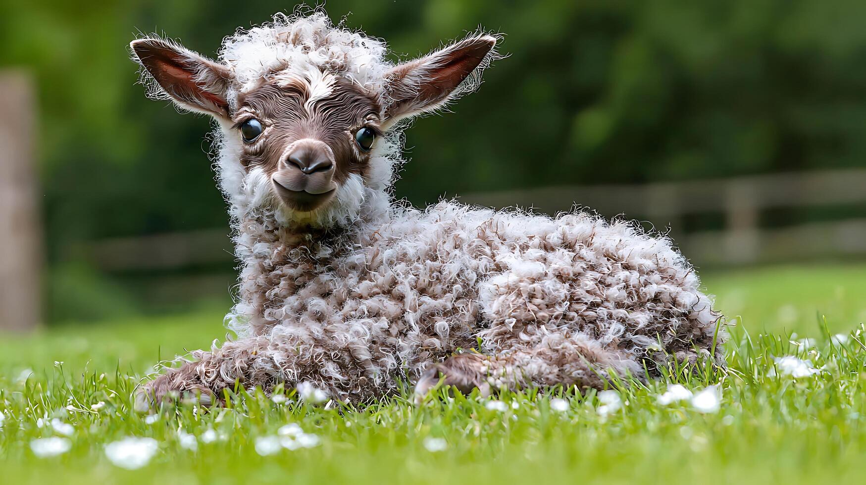 Adorable Fluffy Baby Alpaca Resting in Green Grassy Field with Daisies. photo