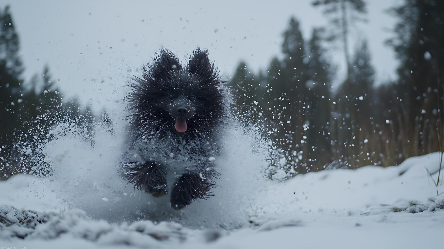 Black dog joyfully running through winter snow creating a snowy spray. photo