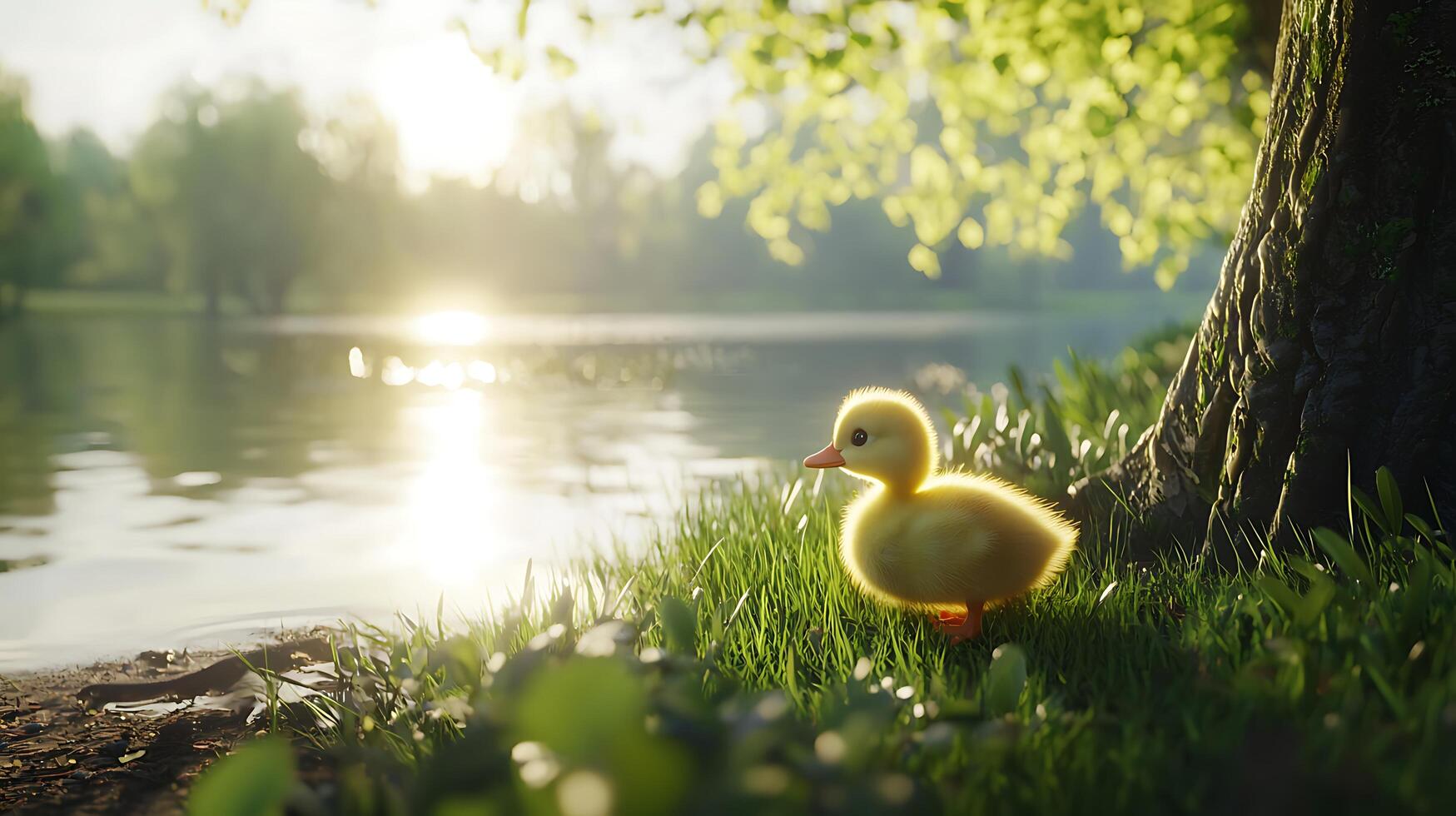 Adorable Baby Duckling Enjoys Golden Sunlight Near Calm Lake. photo