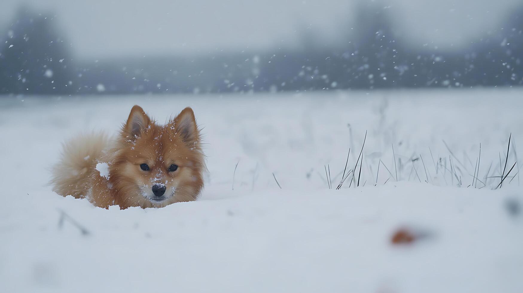 Adorable Pomeranian Dog Peeking Out in a Winter Snowfall. photo