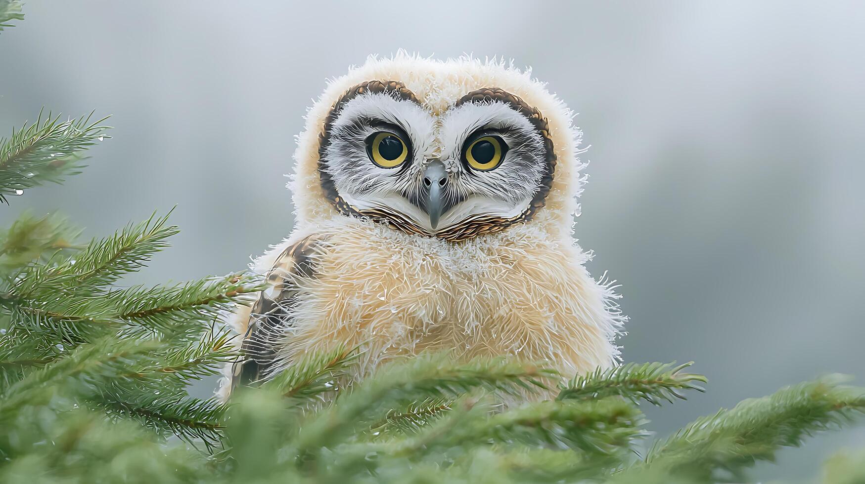 Adorable young owl perches on a pine tree branch in soft light. photo