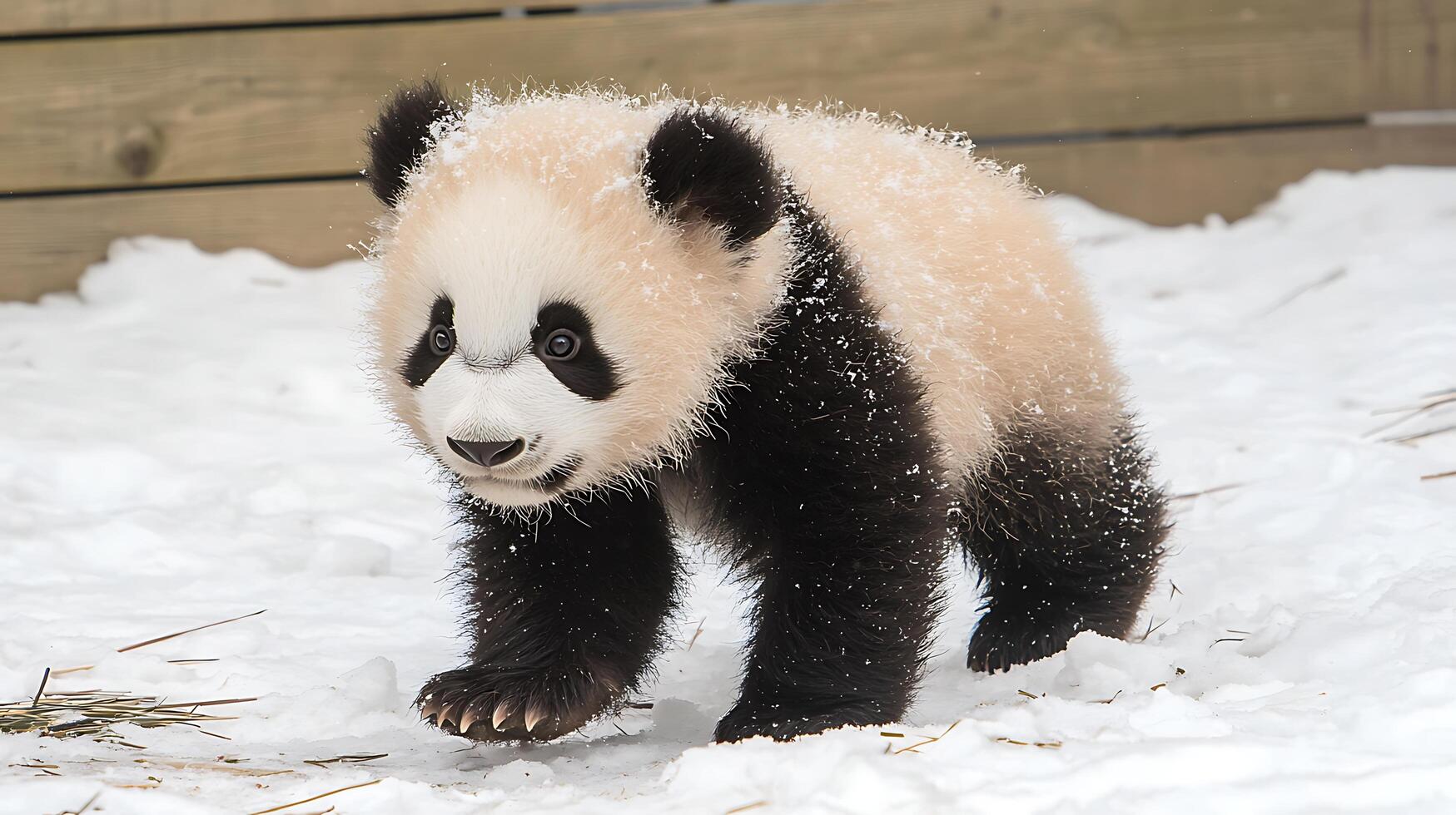 Adorable Baby Panda Walks Through Snow in Winter Wonderland. photo