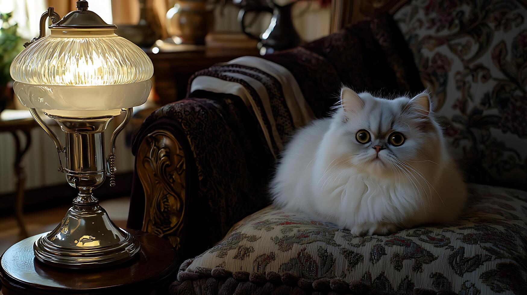 Cozy Evening with a Fluffy Cat and Warm Lamp Light. photo