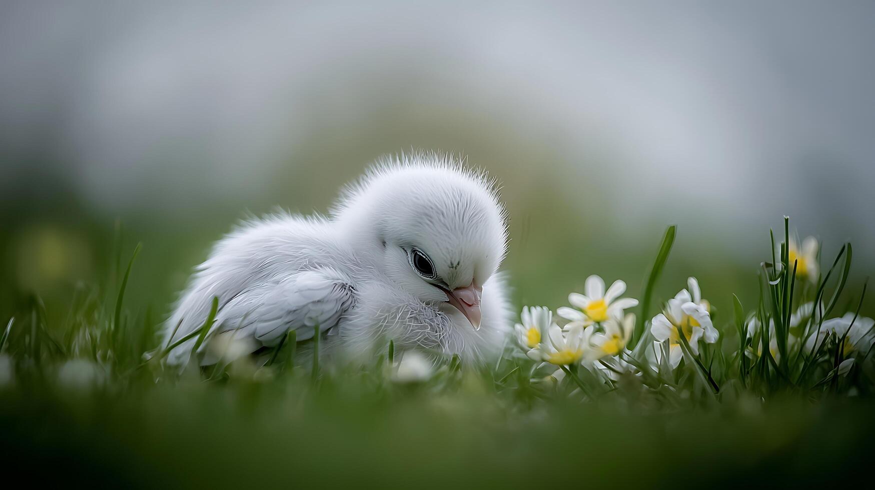 Tiny white chick nestled among spring daisies in soft light. photo