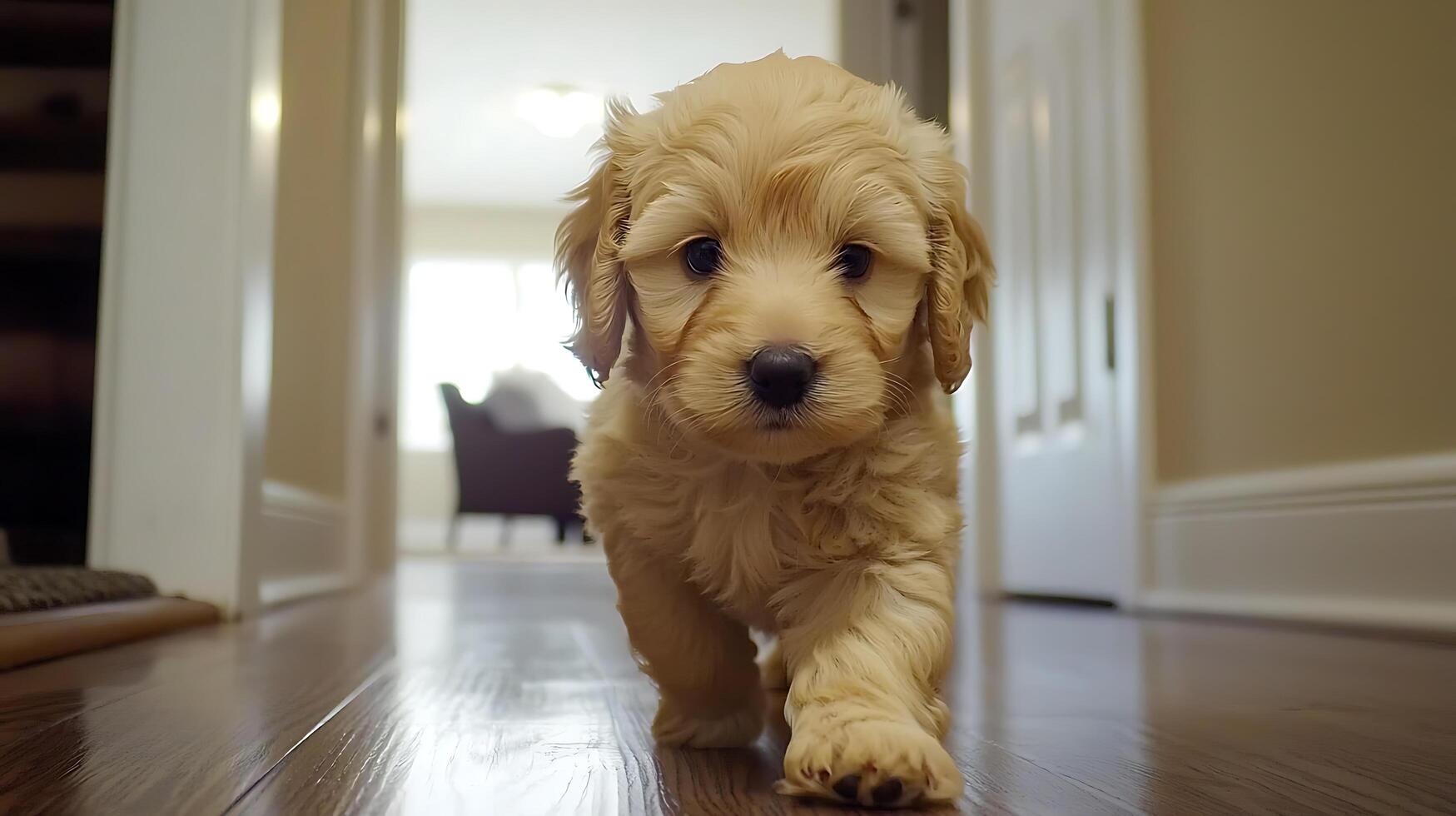 Adorable Golden Retriever puppy walking towards the camera indoors. photo