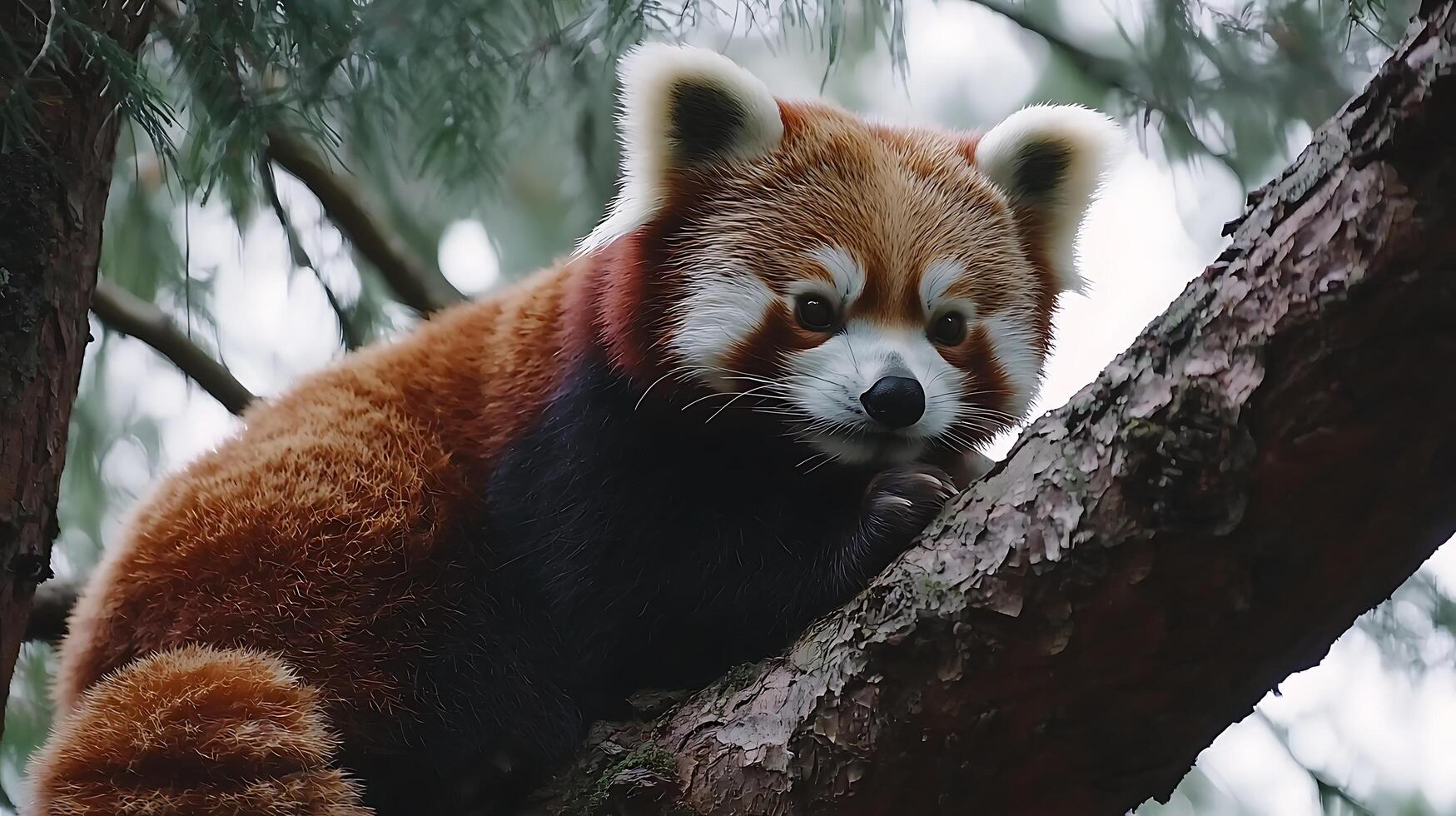 Adorable Red Panda Resting Peacefully on a Tree Branch. photo