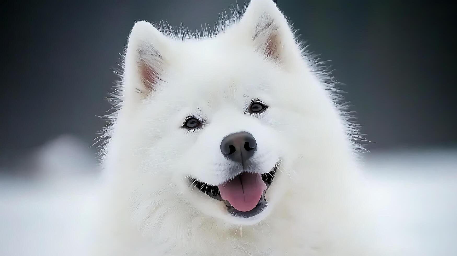 Joyful Samoyed Dog Smiling with Tongue Out in Soft Light. photo
