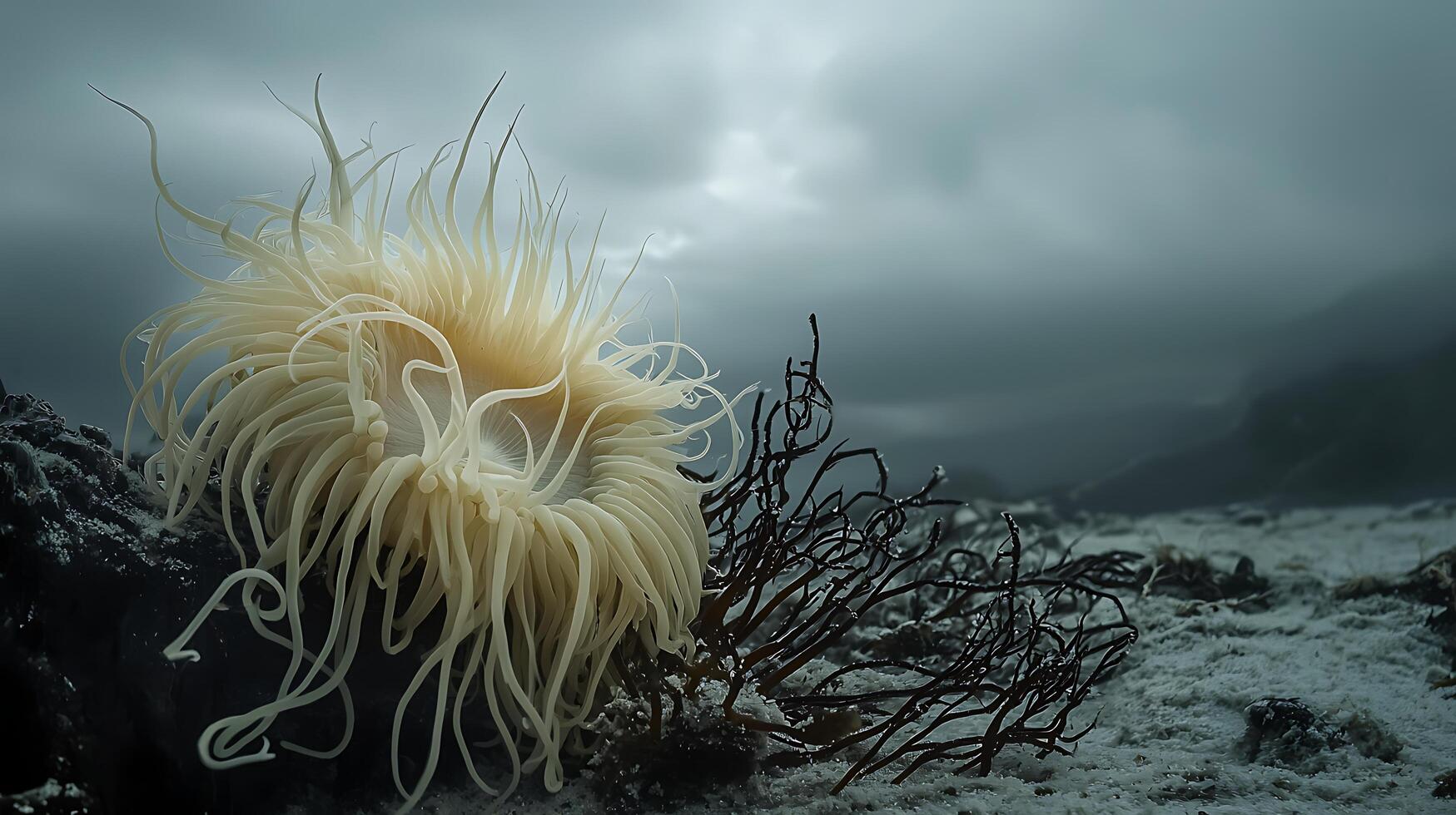 Mysterious Underwater Creature Swaying Gently in the Ocean Depths. photo