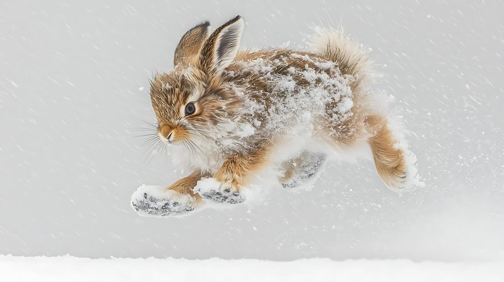 Adorable bunny leaps through snowy winter wonderland, captured in motion. photo