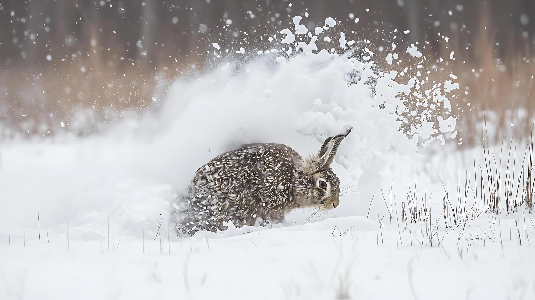 Rabbit dashes through white snow creating a dramatic powder explosion. photo