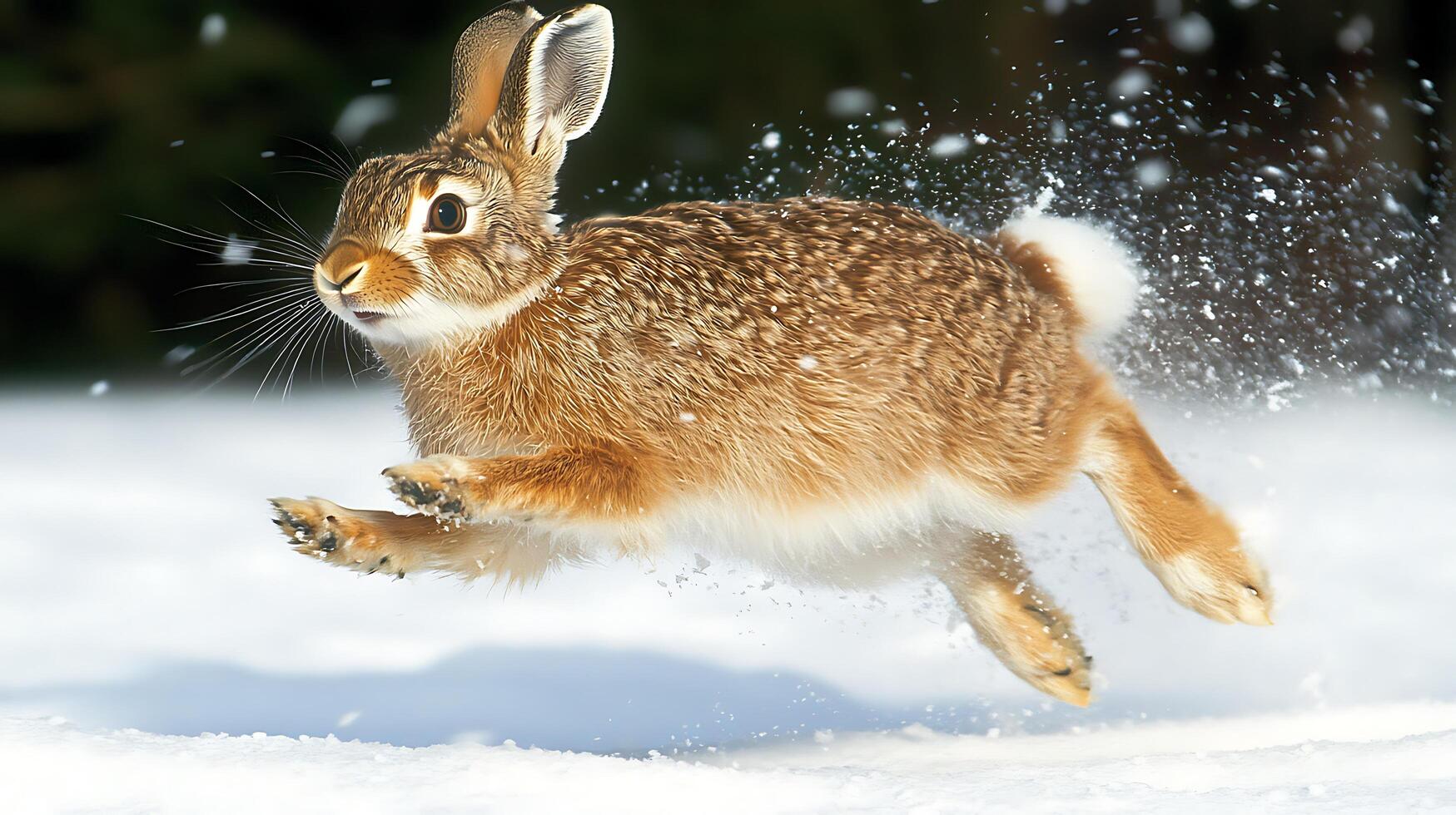 A hare leaps through the snow in a burst of winter motion. photo