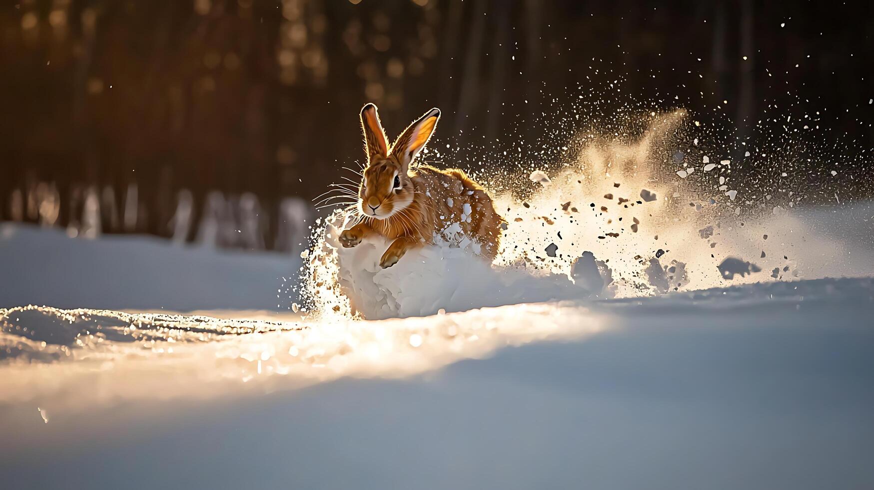 Hare leaps through snowy landscape at sunset. photo