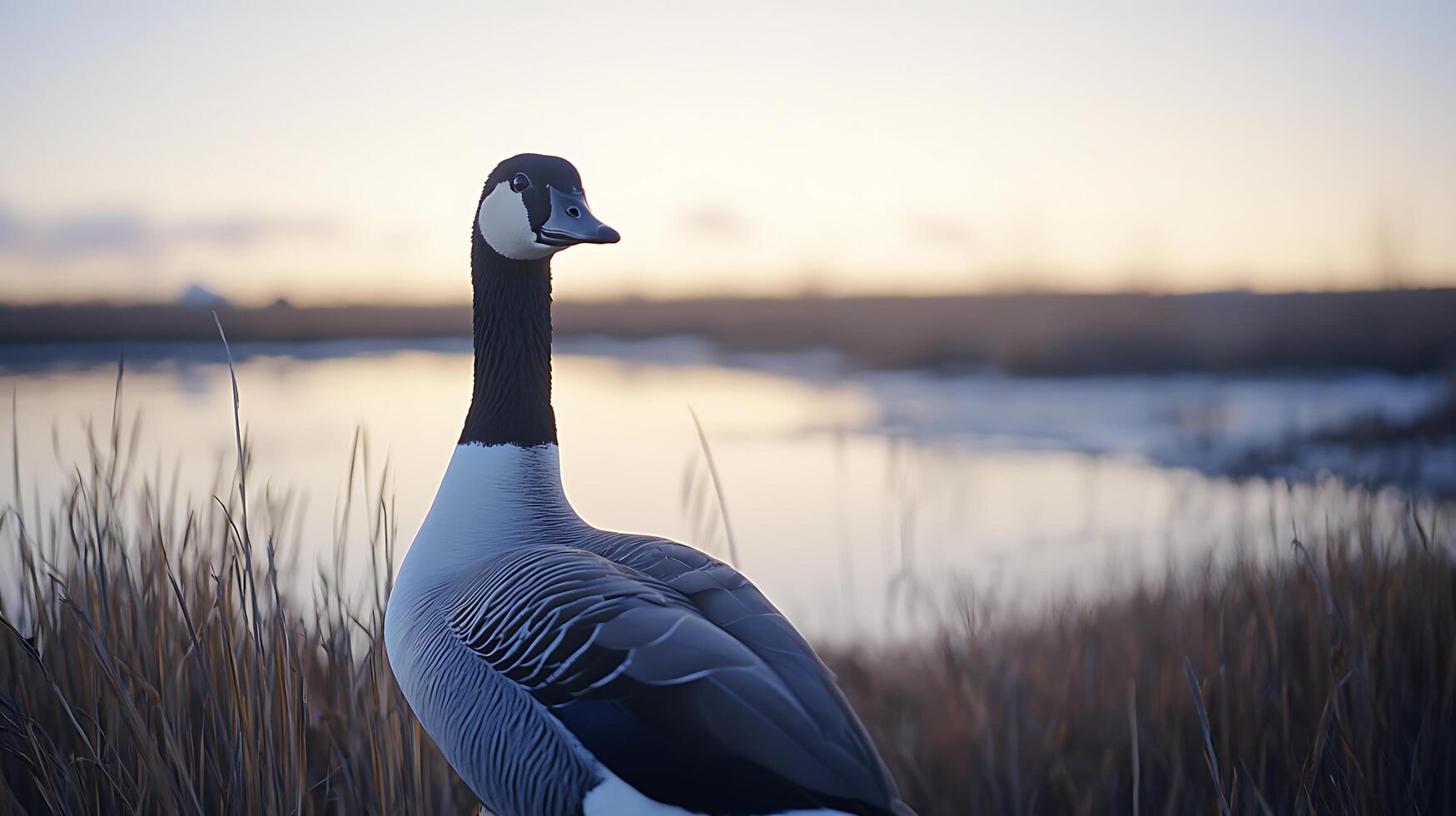 Majestic Goose Stands Proudly Near Calm Water at Sunset. photo