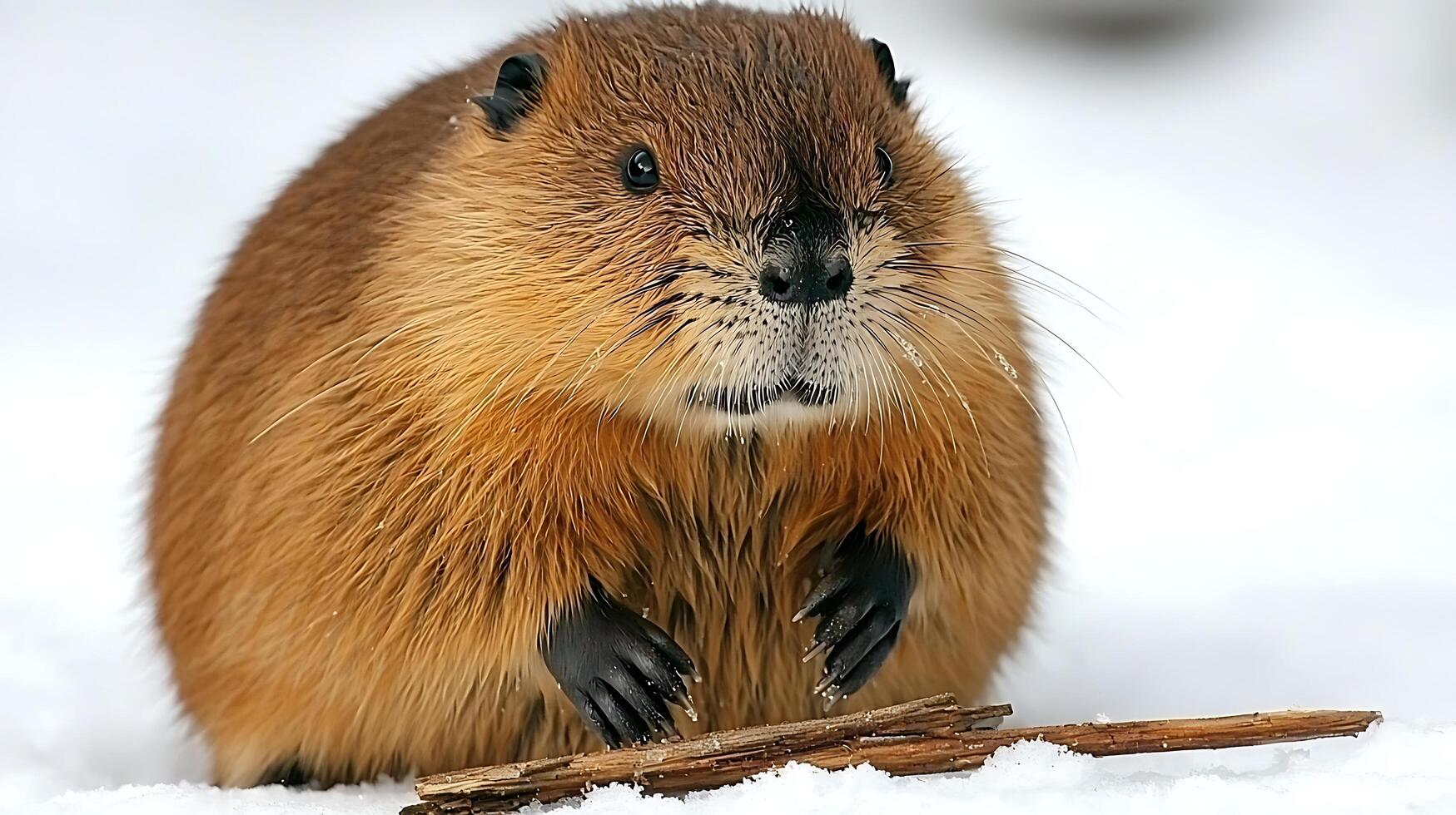 Close up of a cute beaver with wet fur in the snow. photo