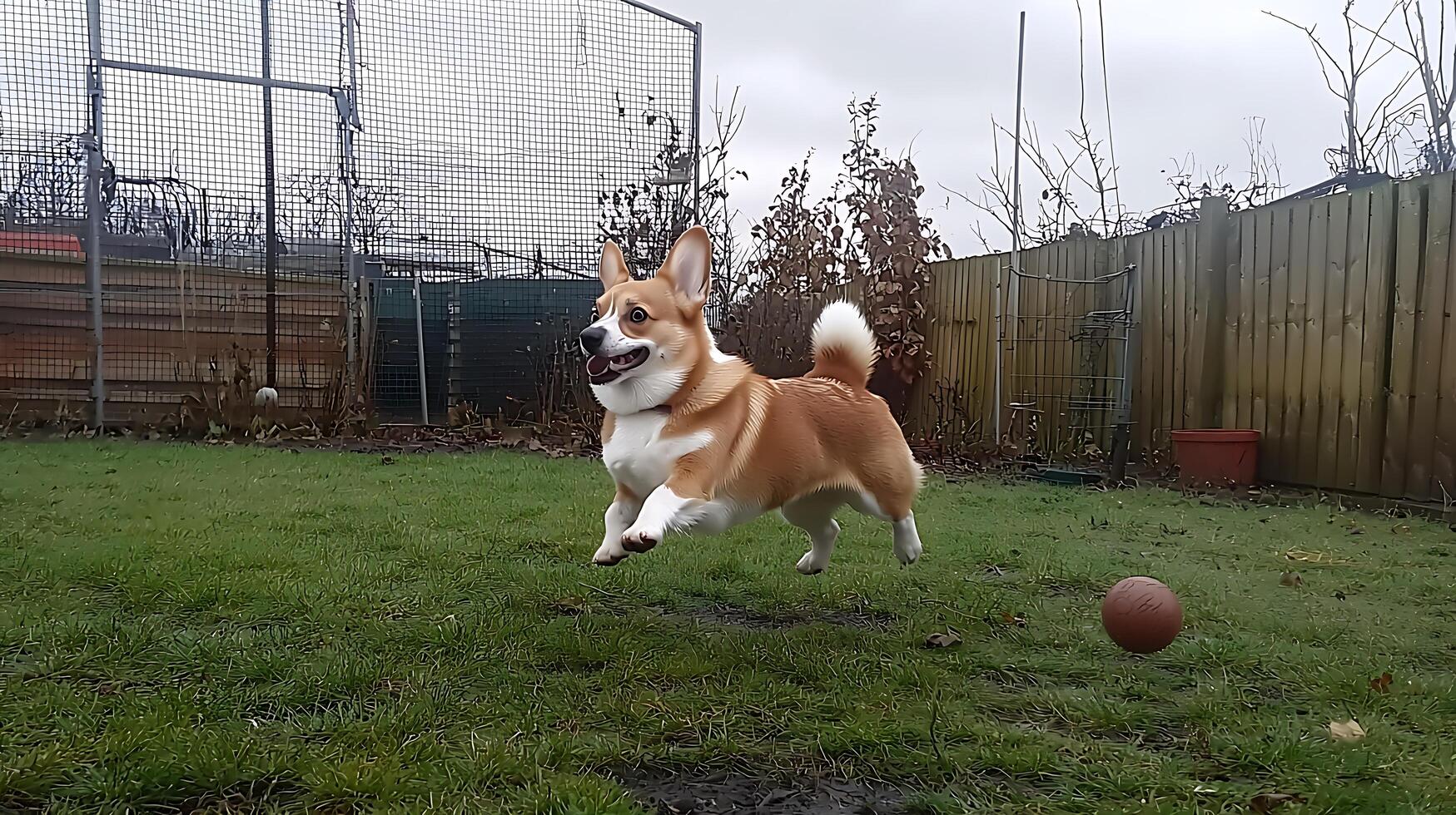 Happy Corgi Dog Leaping Through Green Grass with a Ball. photo