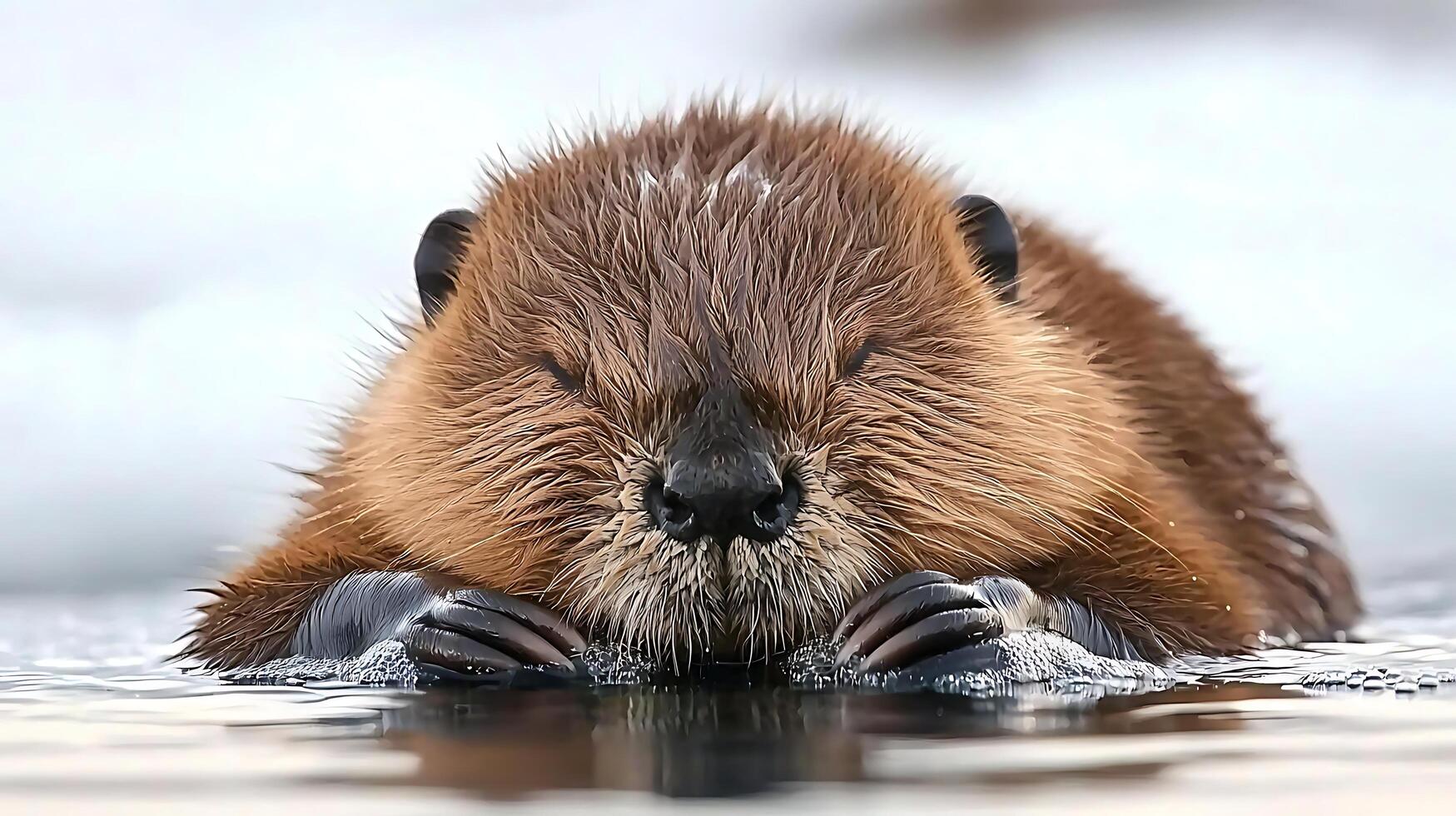 Close up of a wet beaver with its eyes closed in shallow water. photo