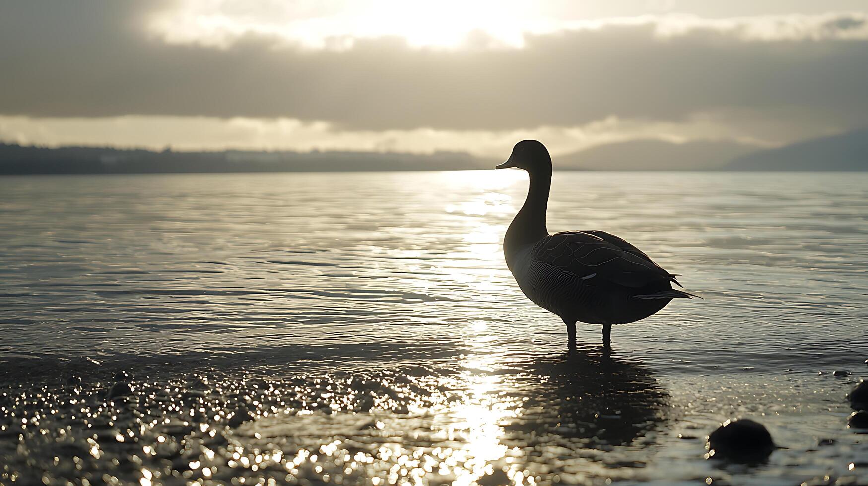 Lone goose stands in shimmering water at sunrise. photo
