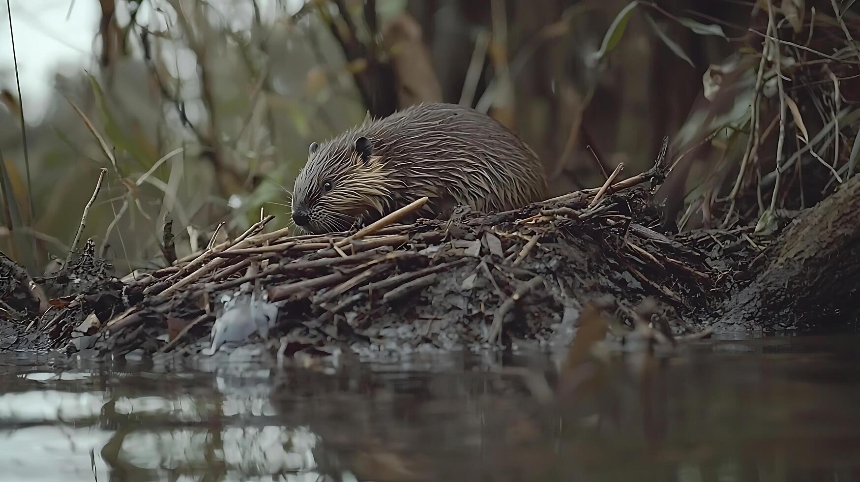 Beaver resting on its lodge constructed with branches near the water. photo