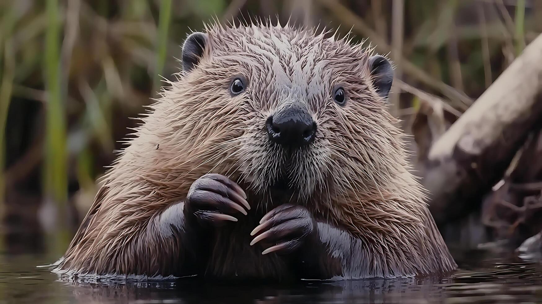 Adorable Beaver Peeking Out of Water with Wet Fur and Claws. photo