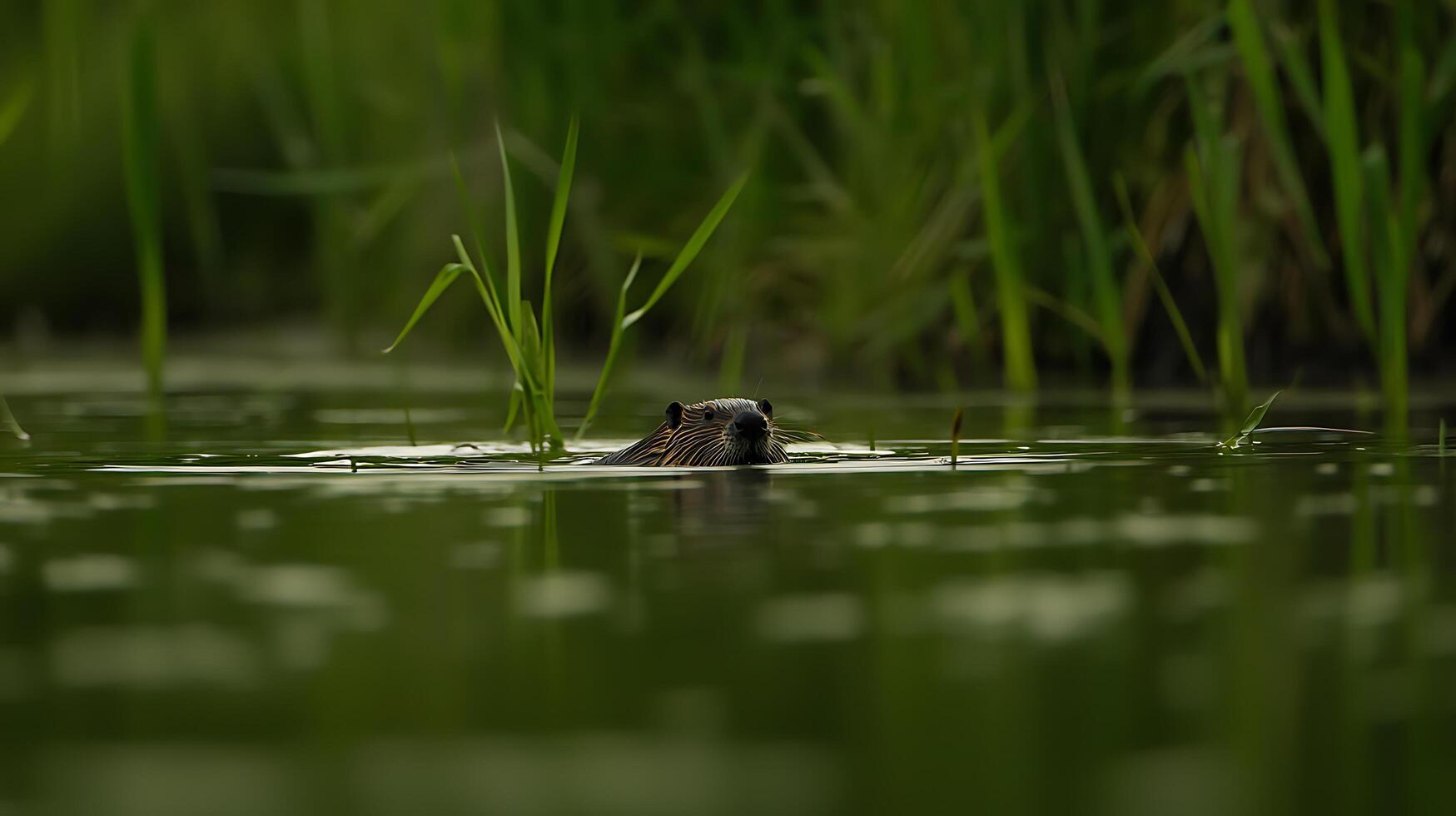 A cute nutria swims through the calm water surrounded by green reeds. photo