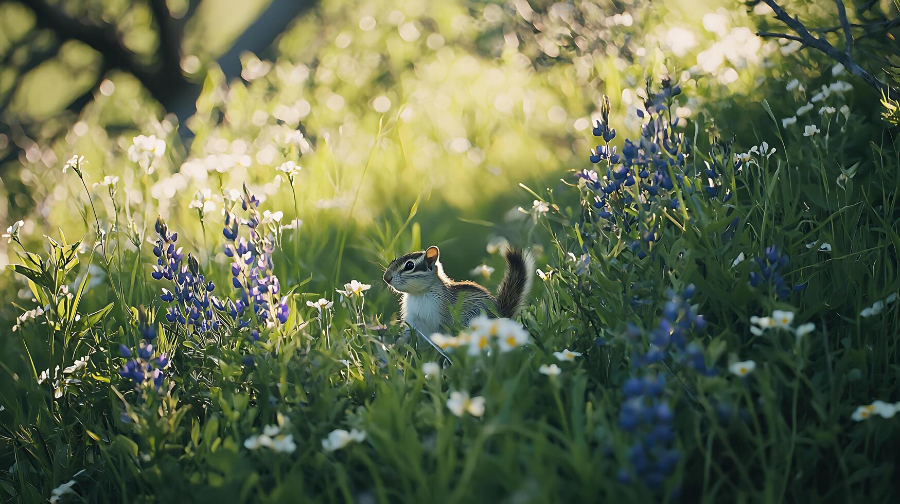 Adorable Chipmunk Peeking Through Wildflowers in Golden Hour Sun. photo