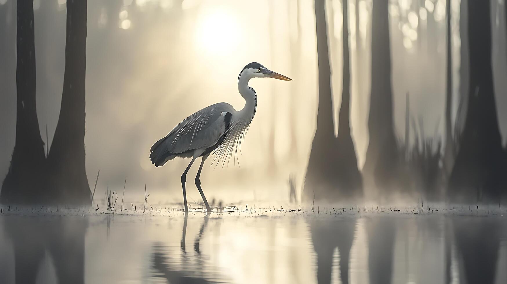 Majestic Heron Stands Tall in Ethereal Misty Wetlands Sunrise. photo
