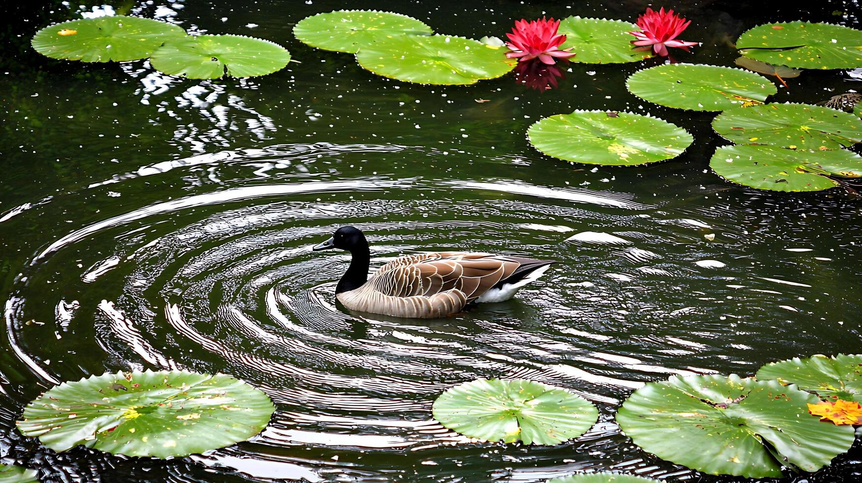 A goose swims peacefully through a serene pond with lily pads and flowers. photo
