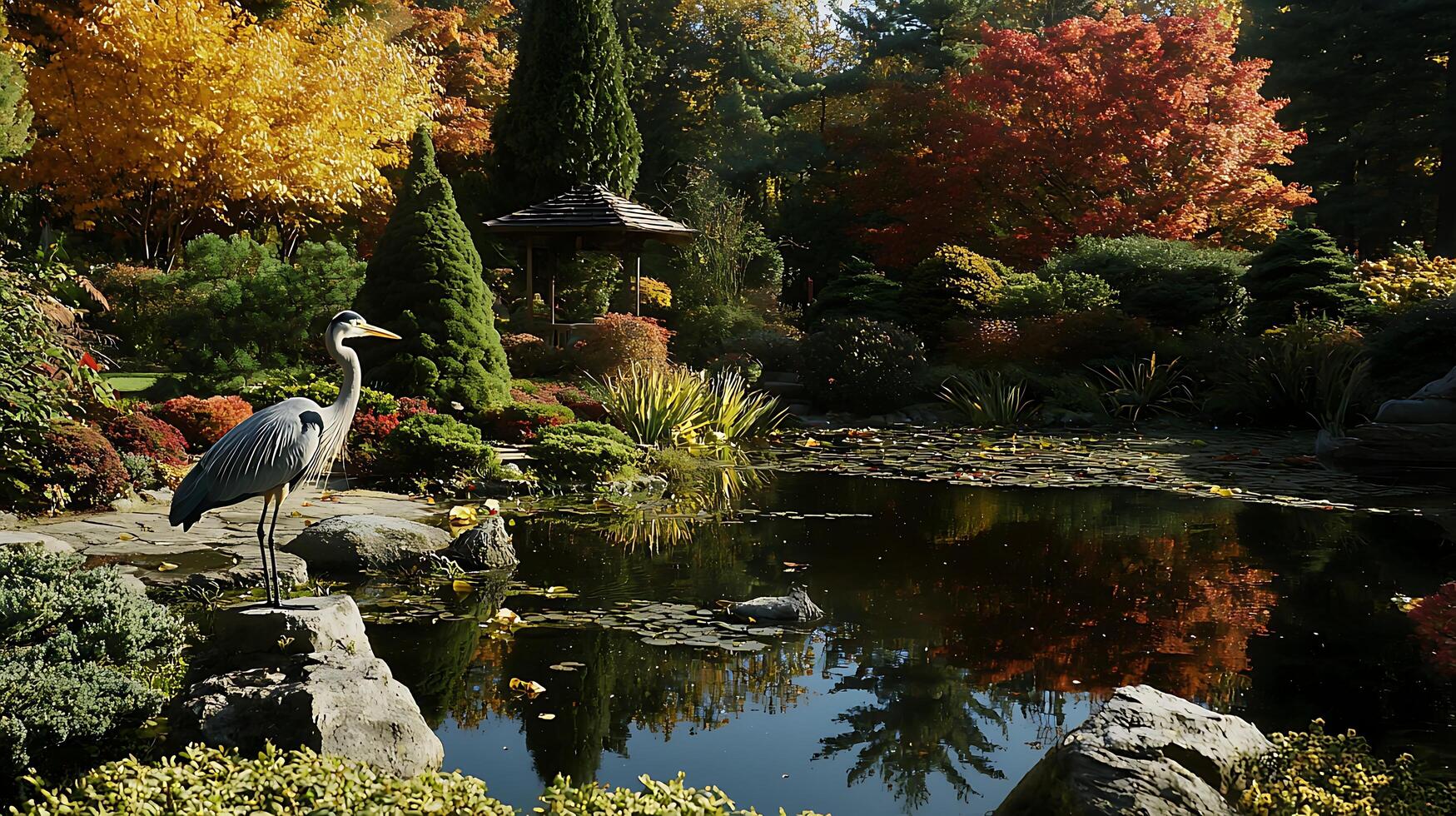 Heron by Tranquil Pond Surrounded by Vibrant Autumn Foliage. photo