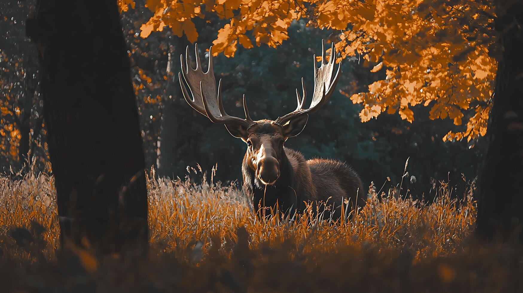 Majestic Moose with Giant Antlers Among Autumn Leaves. photo