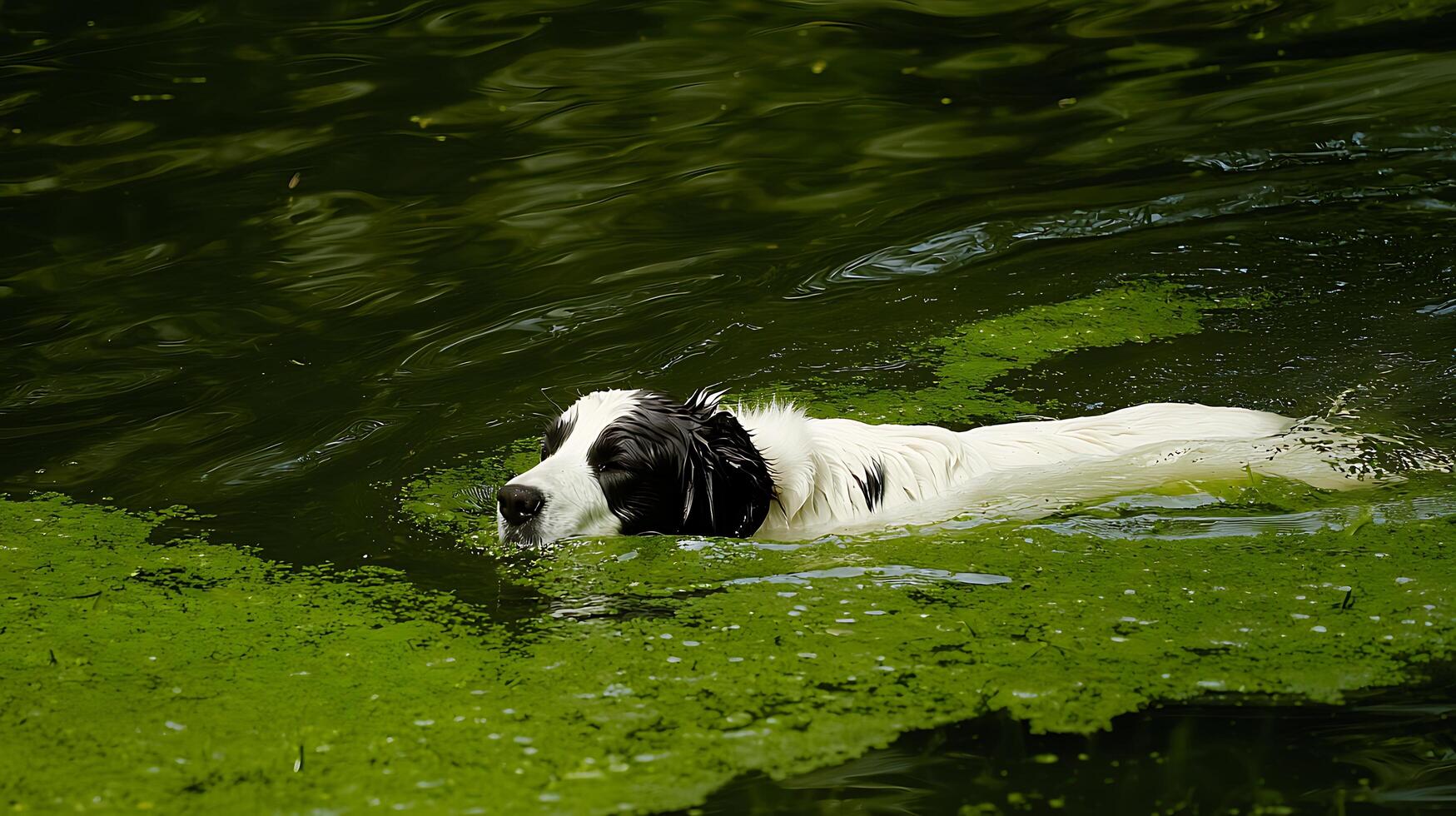 A Wet Dog Swims Through Green Water With Algae Blooms. photo